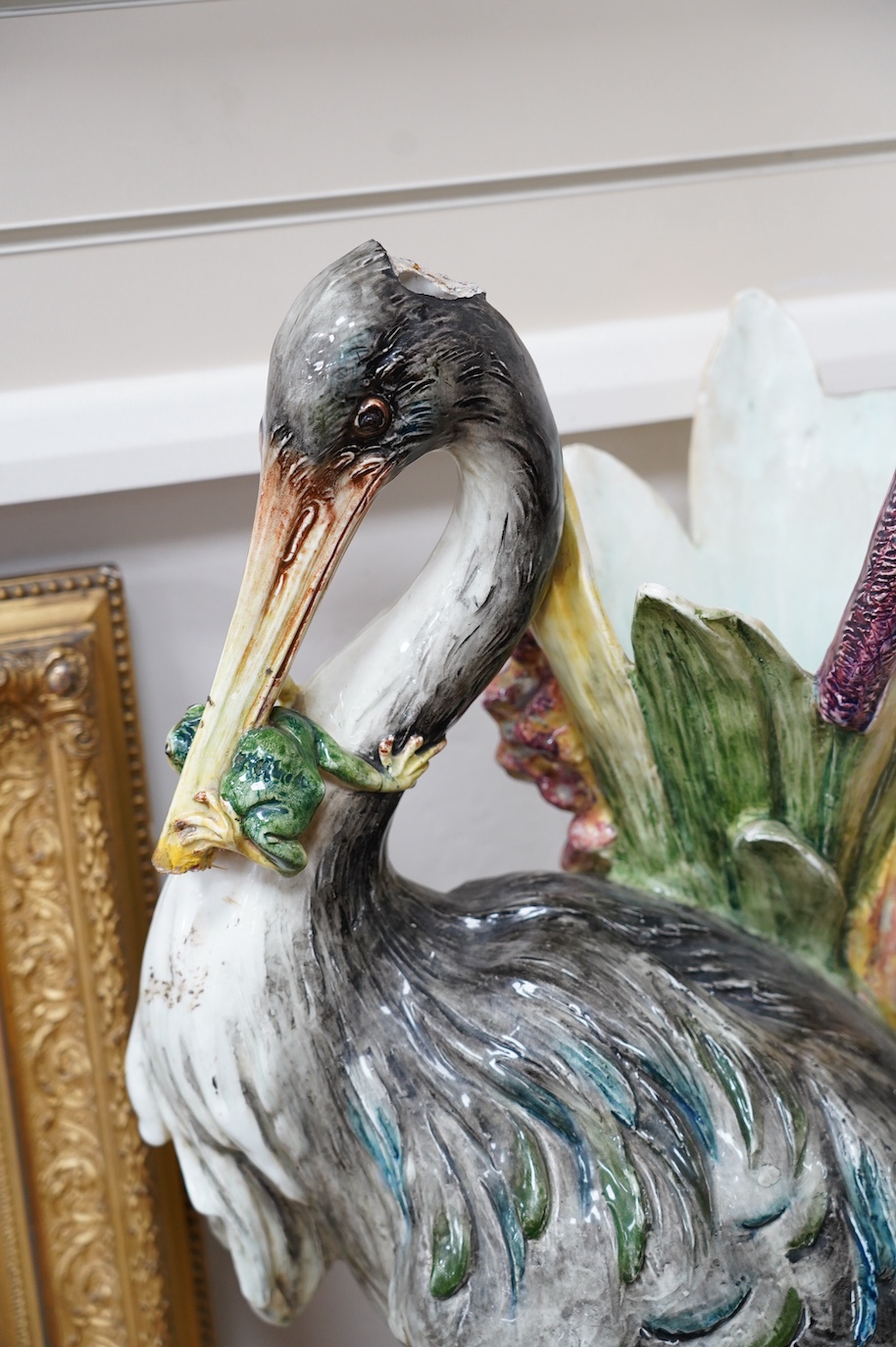 A French decorative majolica 'Stork' stick stand, 100cm high. Condition - damage to head feathers